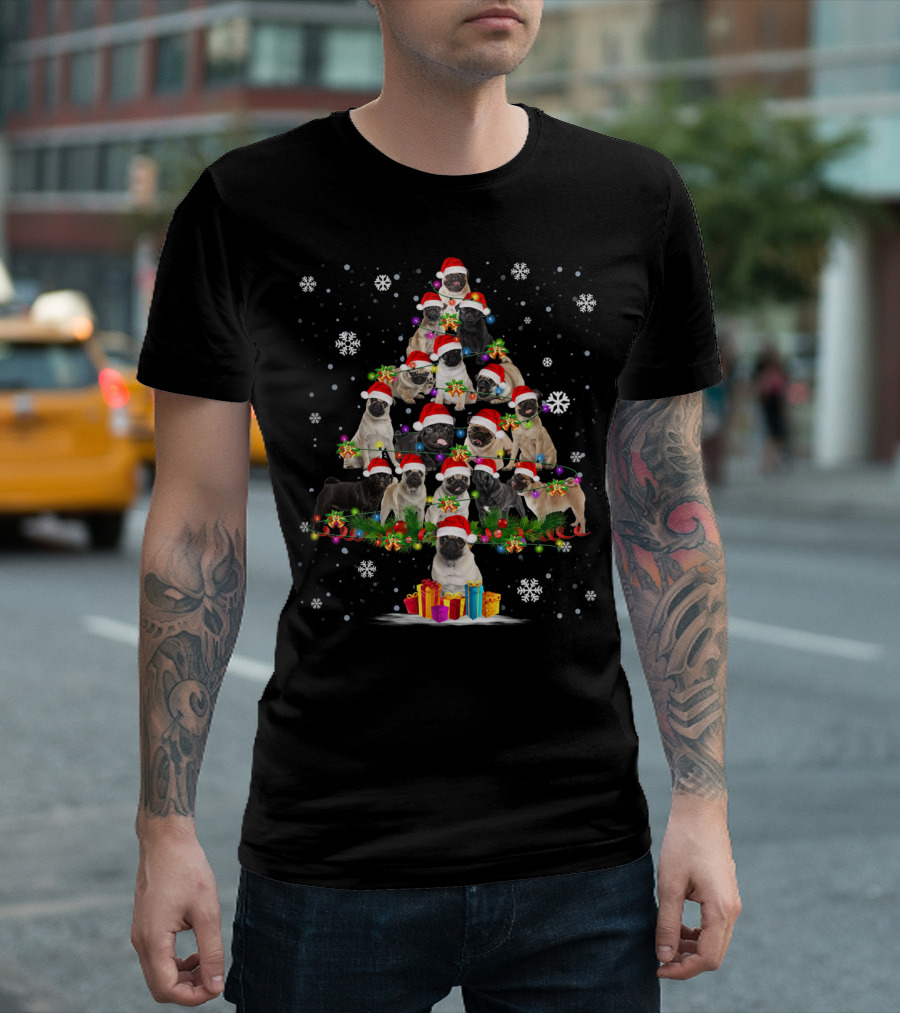 Funny Pug Dog Christmas Tree Hat In Snow Santa Pug Gifts T-Shirt
