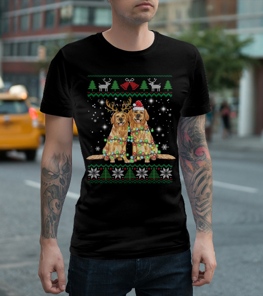 Golden Retriever Reindeer Christmas Lights Santa Hat Snowflakes Christmas Trees T-Shirt