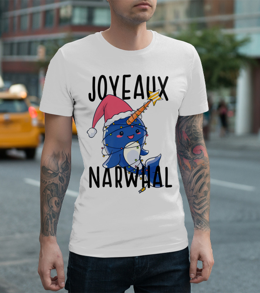 Joyeaux Narwhal Christmas Santa Hat Lights Fun Pun Noel T-Shirt