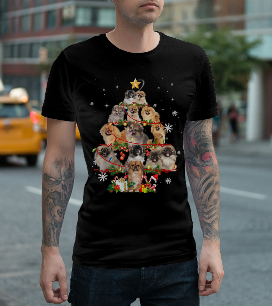 Pekingese Dog Christmas Tree Lights Holiday Festive Dogs T-Shirt