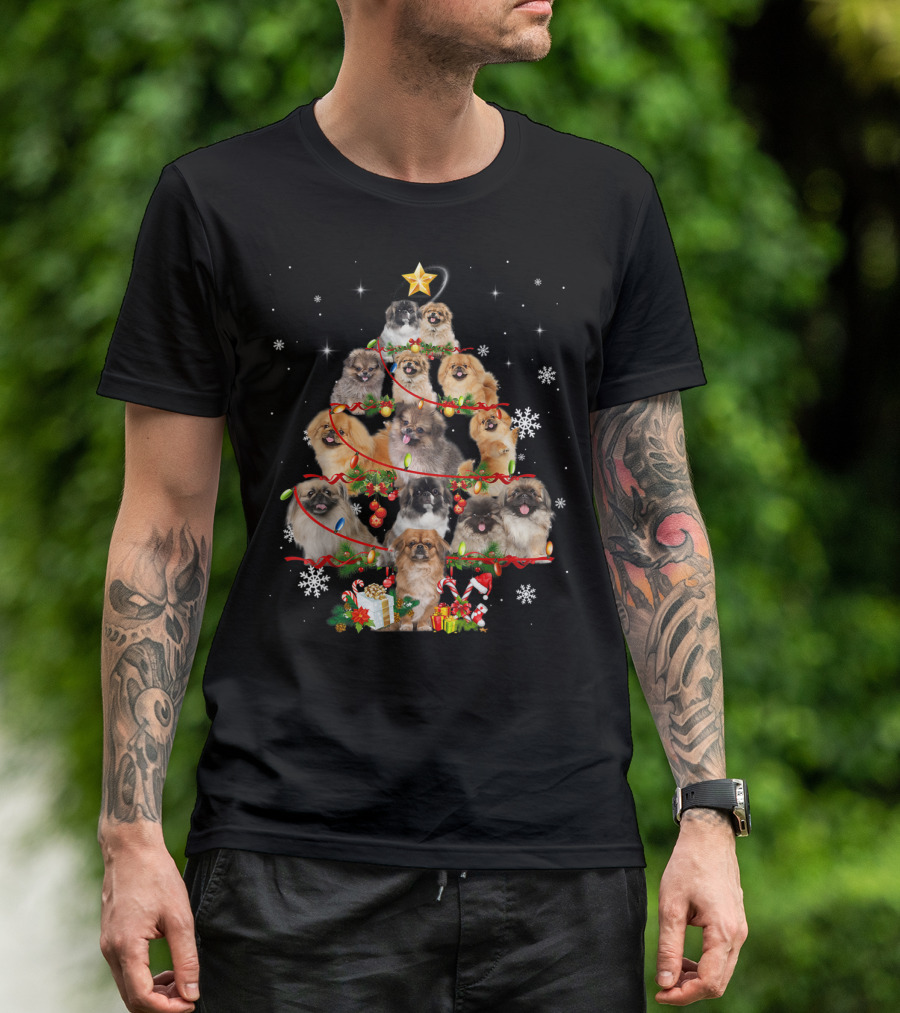 Pekingese Dog Christmas Tree Lights Holiday Festive Dogs T-Shirt