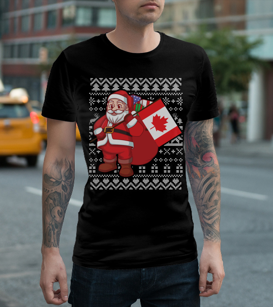 Santa With Big Noel Present Bag and Canadian Flag Christmas Print T-Shirt