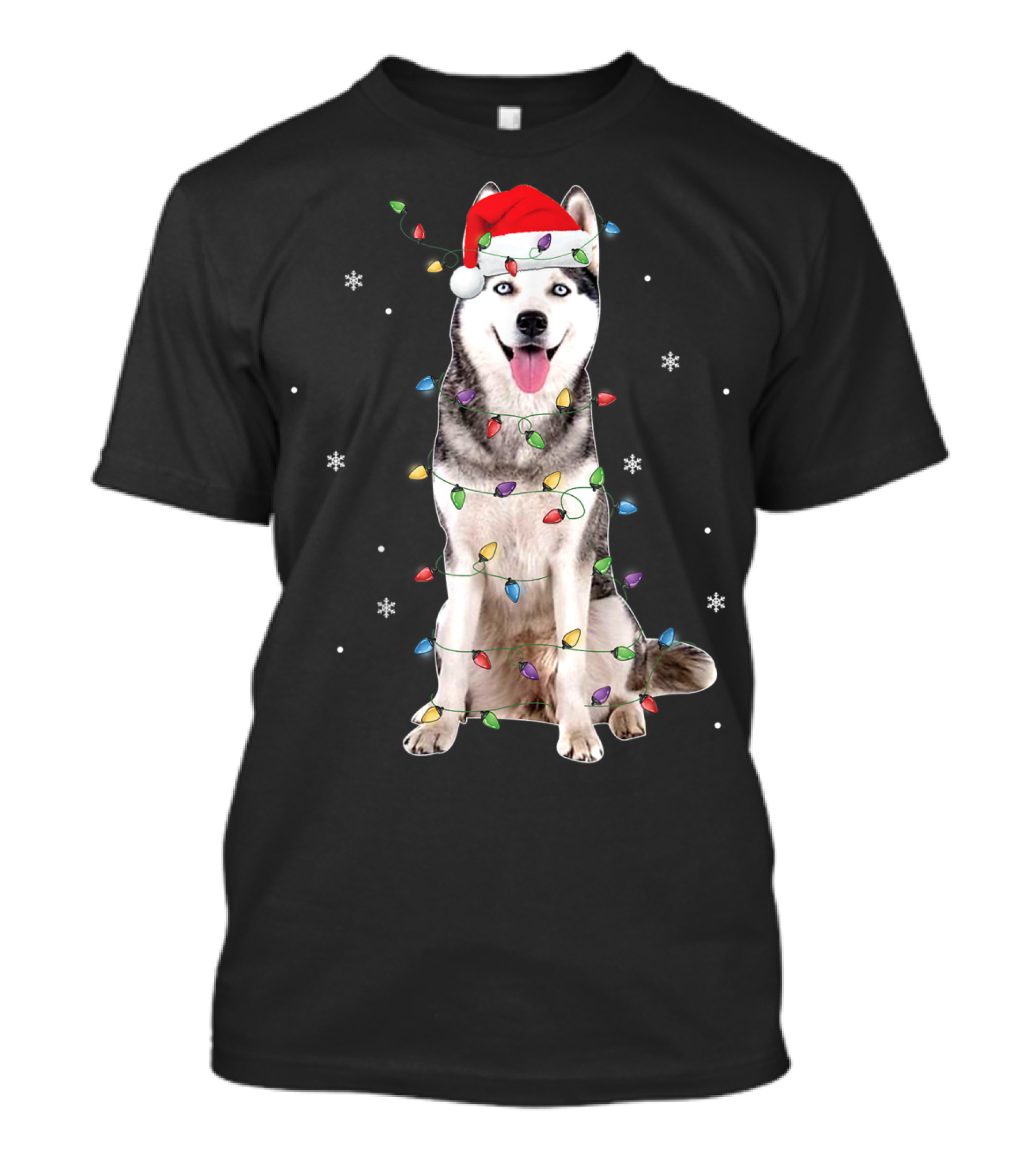 Siberian Husky Christmas Funny Santa Wrapped In Holiday Lights With Snowflakes T-Shirt
