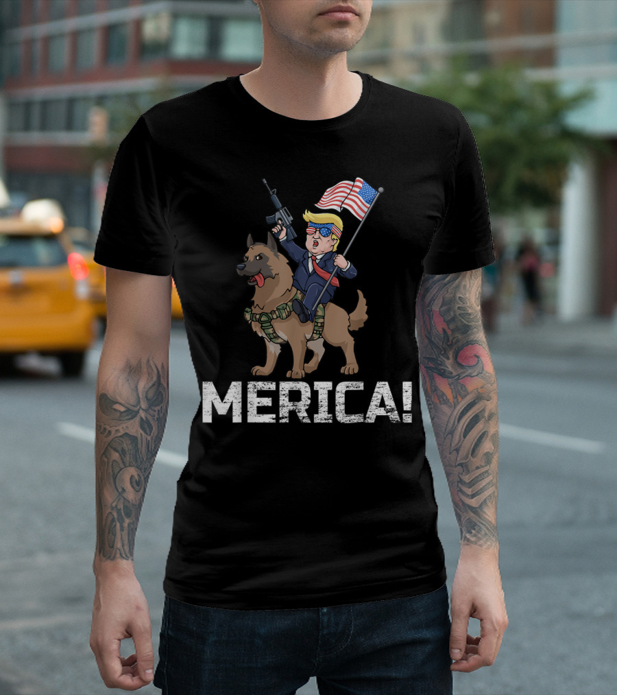 MERICA Trump Riding Belgian Malinois Dog With American Flag T-Shirt