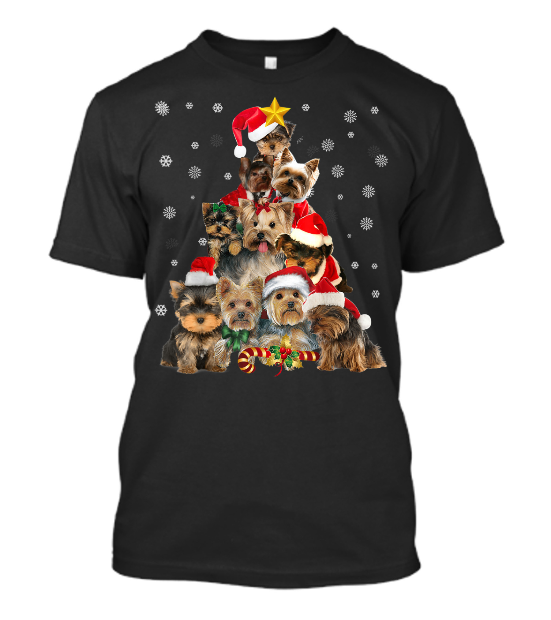Yorkie Christmas Tree With Santa Hats And Snowflakes T-Shirt