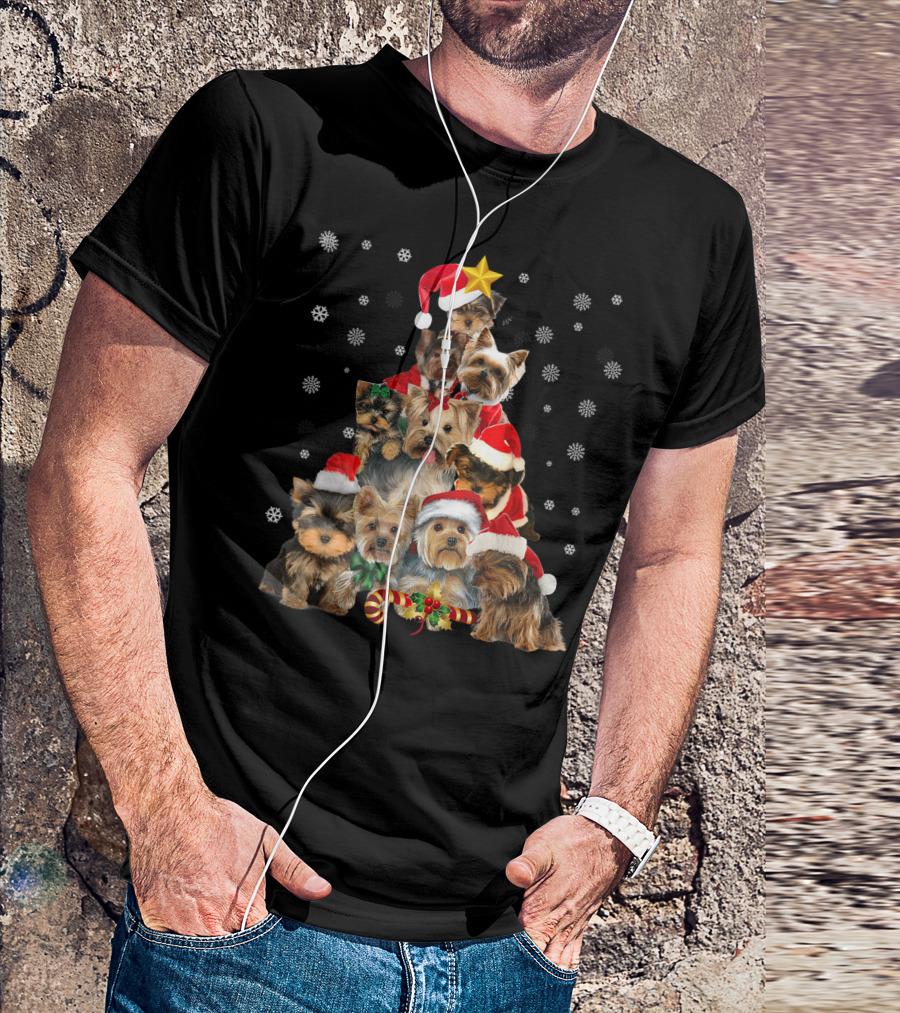 Yorkie Christmas Tree With Santa Hats And Snowflakes T-Shirt