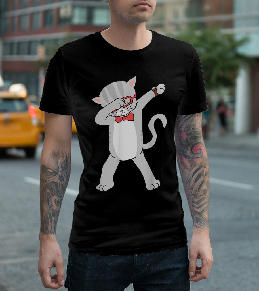 Dabbing Cat Red Glasses Funny Dab Cat Bow Tie T-Shirt