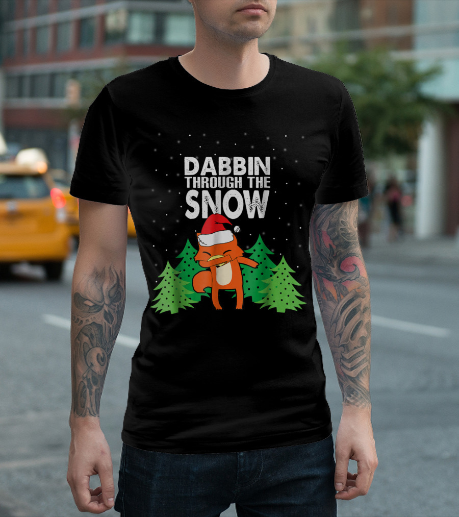 Ugly Christmas Fox Dabbing Through the Snow with Santa Hat and Trees T-Shirt