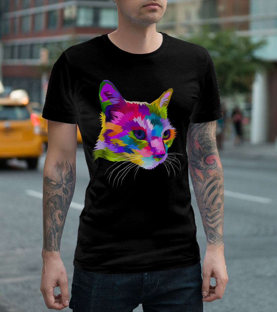 Colorful Cat Head on Geometric Pop T-Shirt