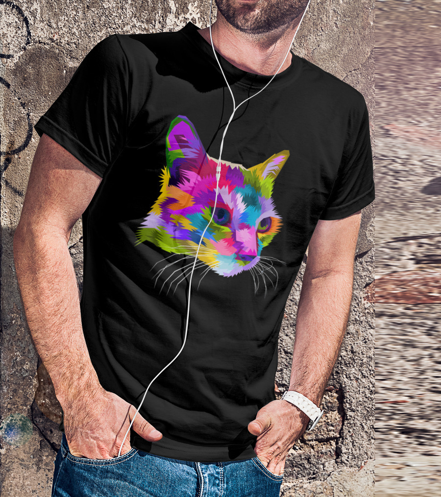 Colorful Cat Head On Geometric Pop T-Shirt