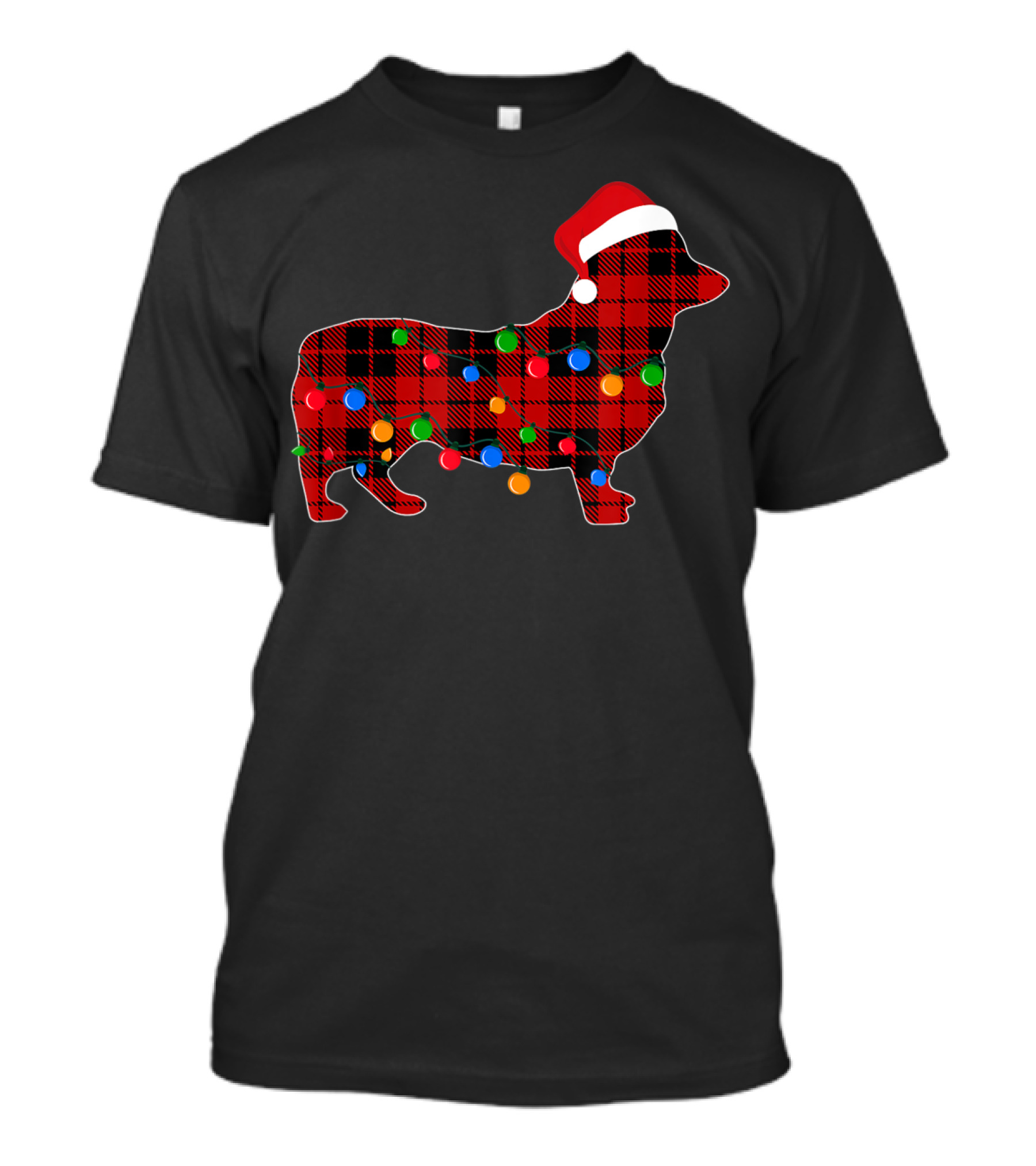 Corgi Red Plaid Christmas Lights Santa Hat T-Shirt