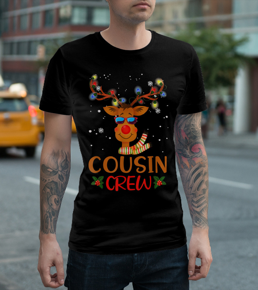 Cousin Crew Reindeer with Christmas Lights and Snowflakes T-Shirt