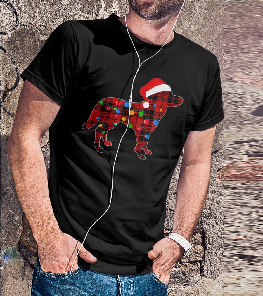 Siberian Husky Red Plaid Dog Christmas Lights Santa Hat T-Shirt