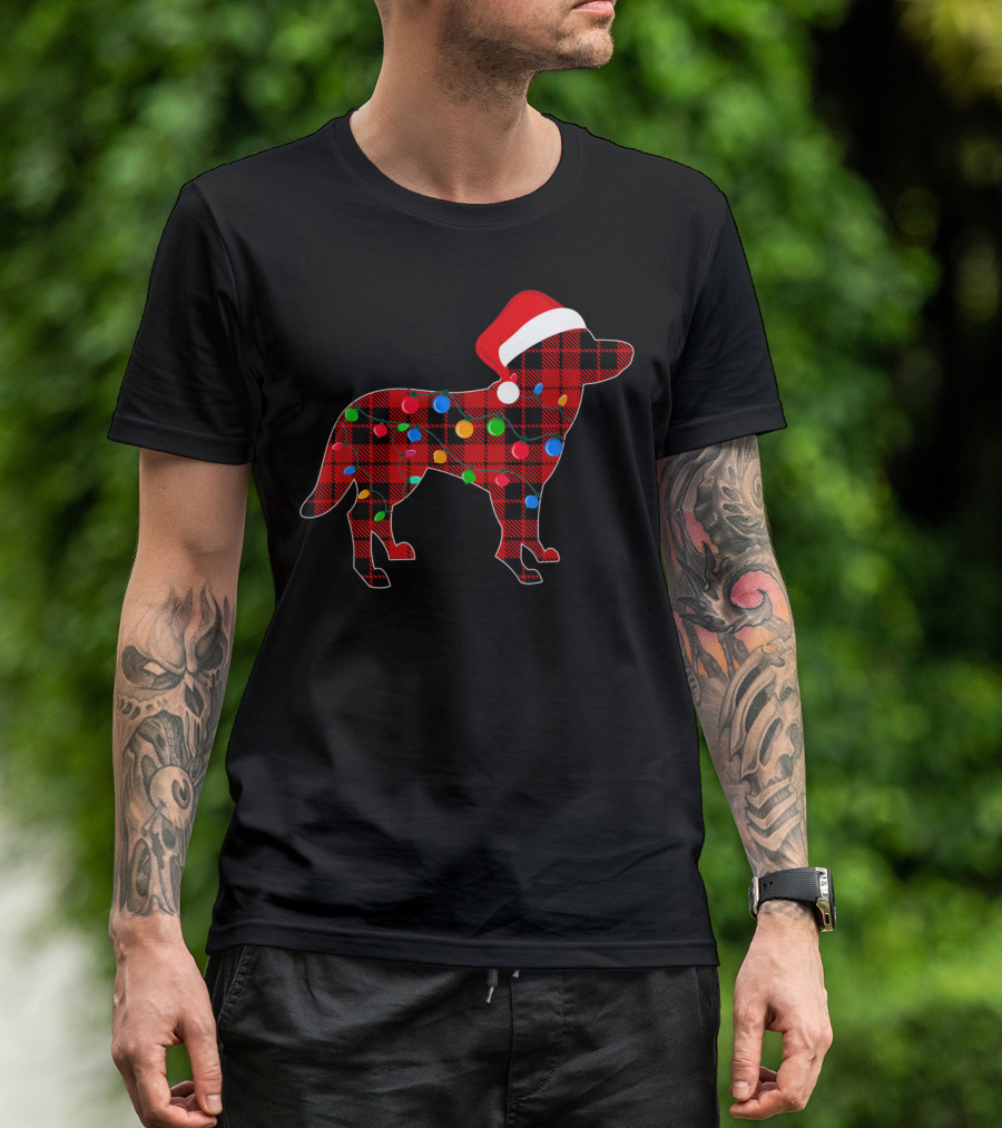 Siberian Husky Red Plaid Dog Christmas Lights Santa Hat T-Shirt