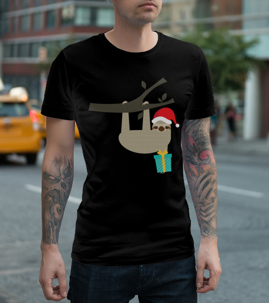 Santa Hat Sloth with Gift Hanging Holiday Christmas T-Shirt