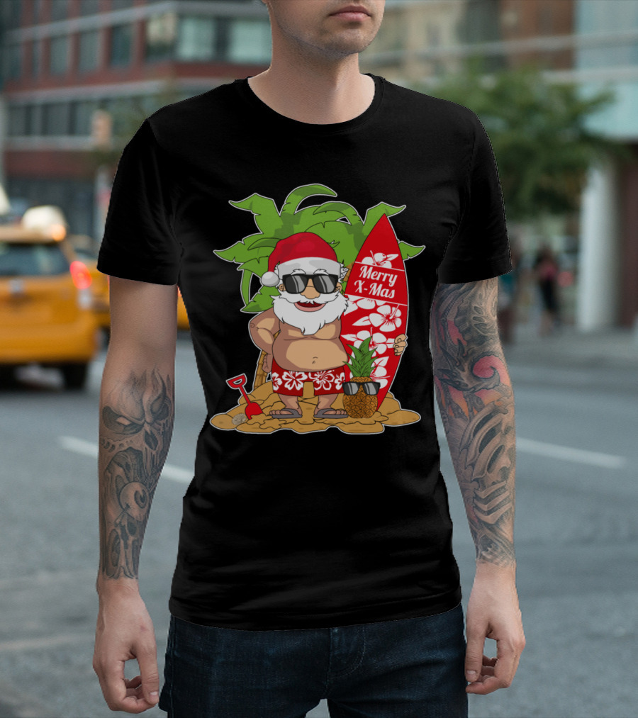 Merry X-Mas Santa Surfing Hawaiian Christmas in July T-Shirt