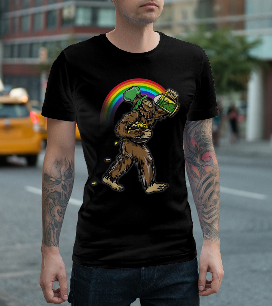 Bigfoot Leprechaun with Rainbow and Gold St. Patrick's Day T-Shirt