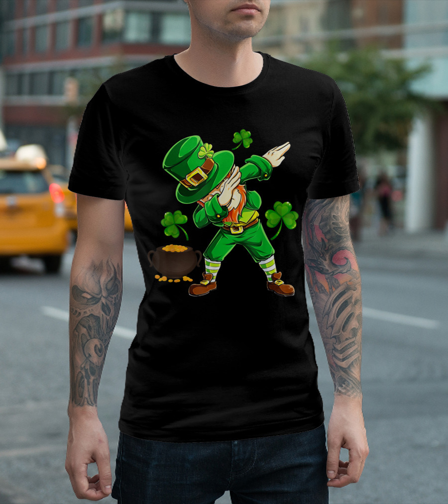 Funny Dabbing Leprechaun with Shamrocks and Pot of Gold for Saint Patrick's Day T-Shirt