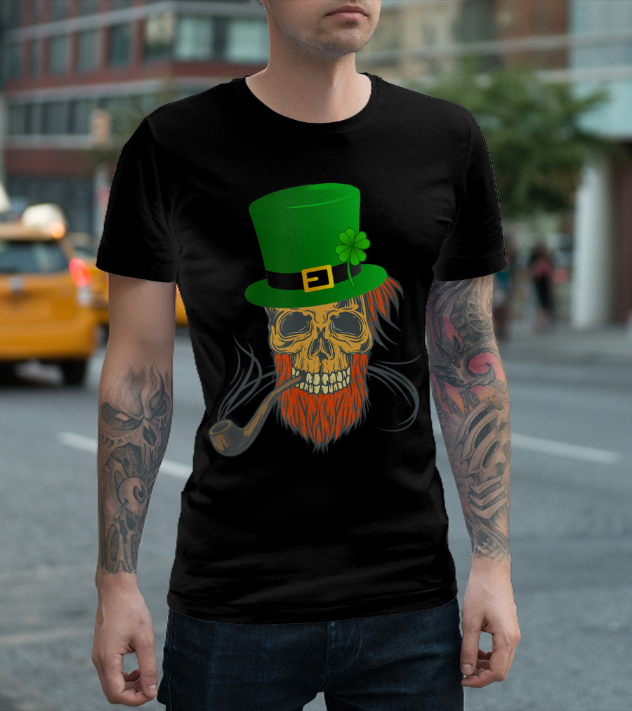 Skull with Pipe and Leprechaun Hat for Saint Patrick's Day T-Shirt