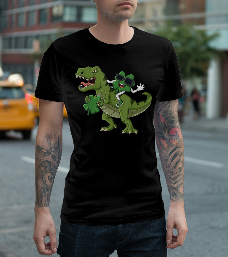 St Patrick's Day Shamrock Riding Dinosaur Rex T-Shirt
