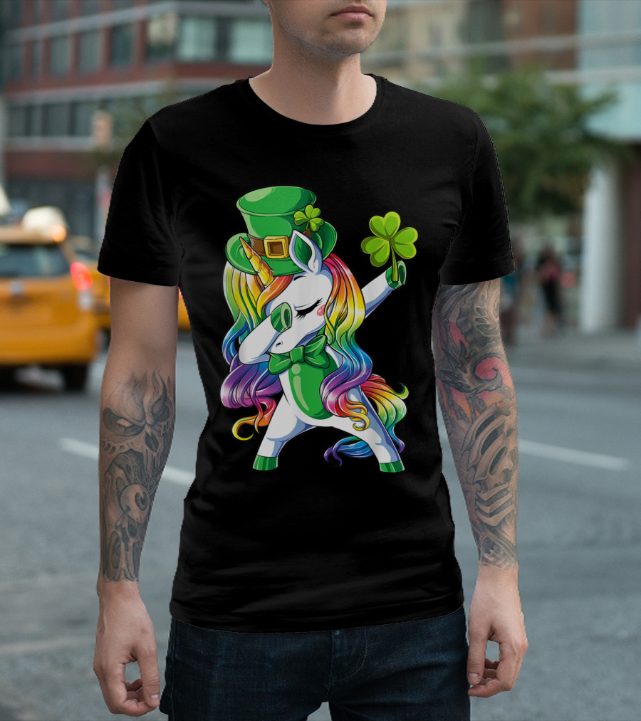 St Patricks Day Rainbow Unicorn with Shamrock and Top Hat Dabbing T-Shirt