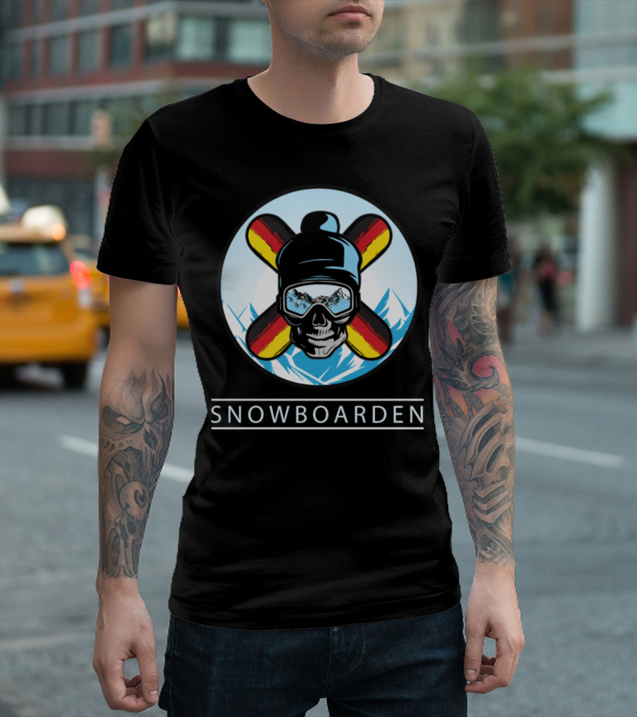 Snowboarden Skull with Mountains and Crossed Snowboards T-Shirt