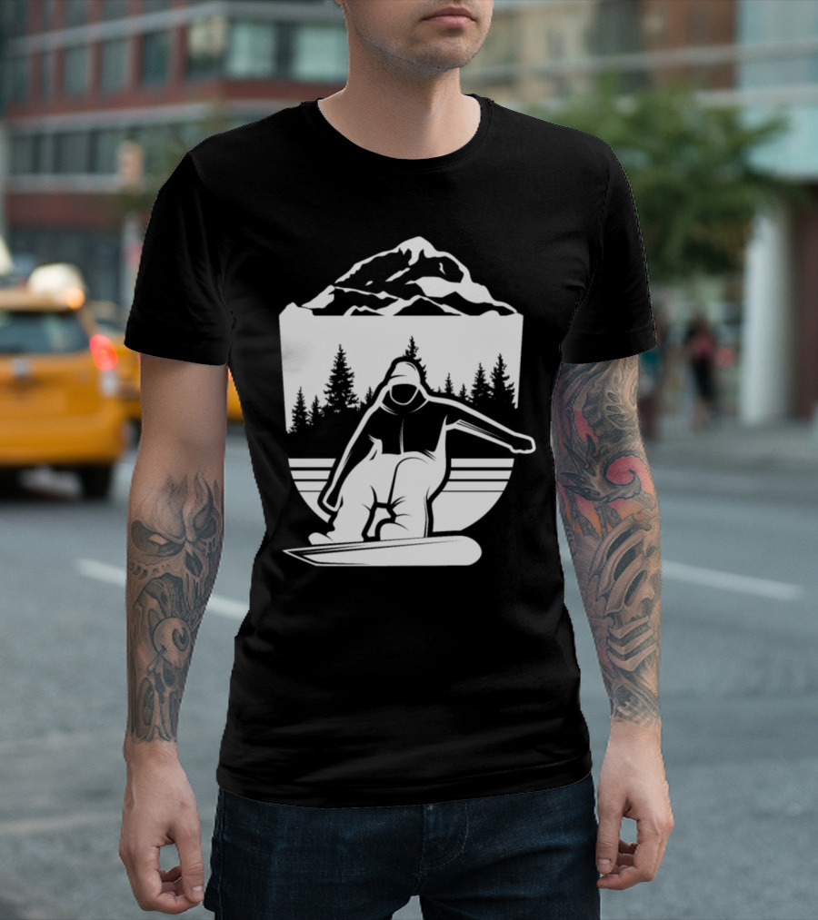 Snowboarder in Mountain Scenery with Forest and Snowboarding Action T-Shirt
