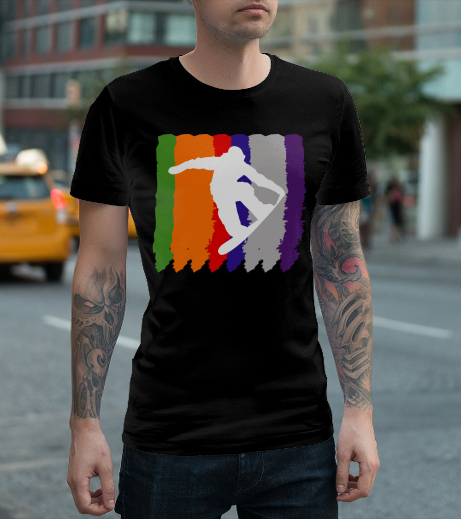 Snowboarding Skiing Mountain Sports Silhouette with Color Stripes T-Shirt