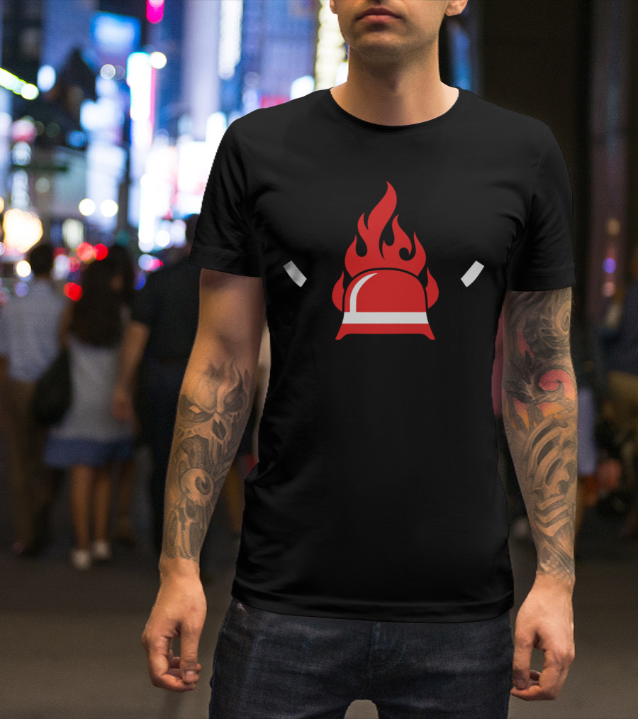 A Fireman Helmet And Fire Icon With Axes And Flames T-Shirt