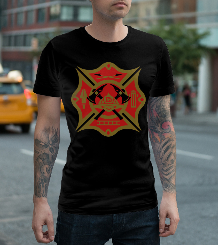 Fire Dept Maltese Cross with Axes and Firefighting Tools T-Shirt