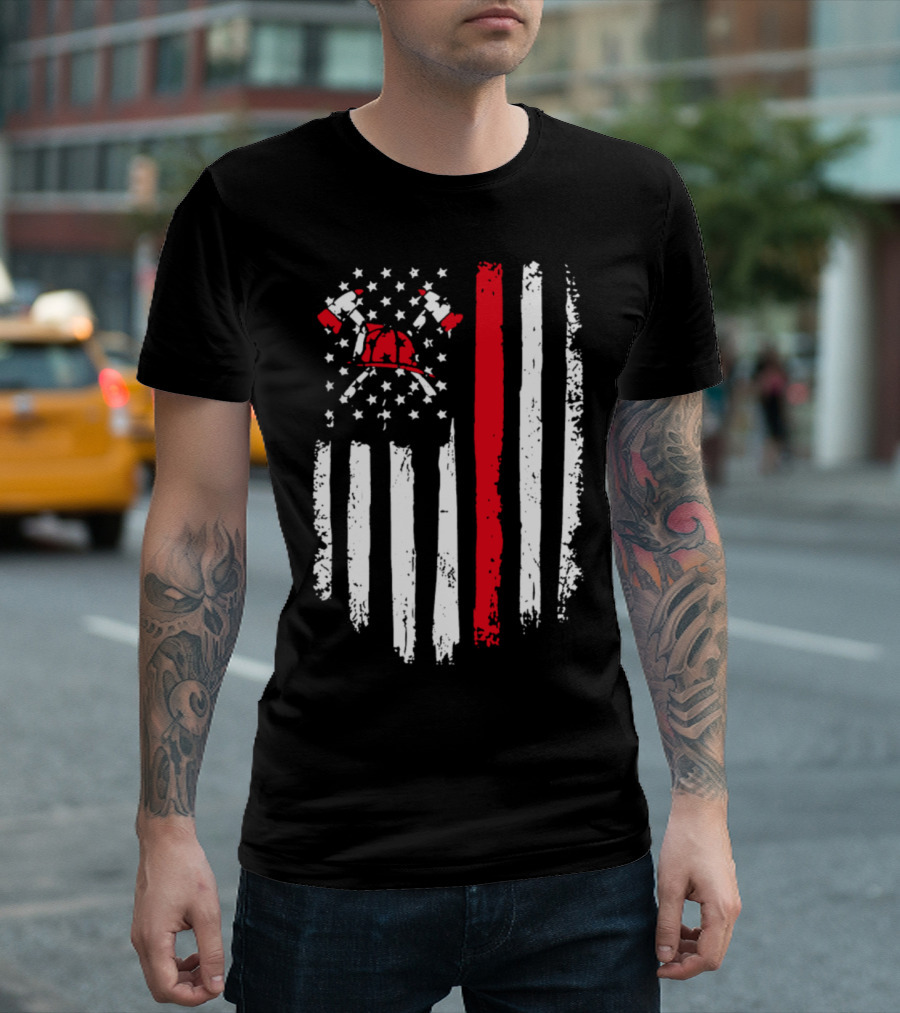 Firefighter Helmet Axes American Flag Red Line T-Shirt