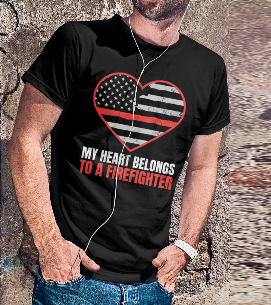 My Heart Belongs To A Firefighter USA Flag Heart T-Shirt