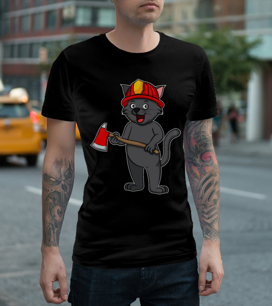 Firefighter Kids Christmas Fire Helmet Cat with Axe T-Shirt