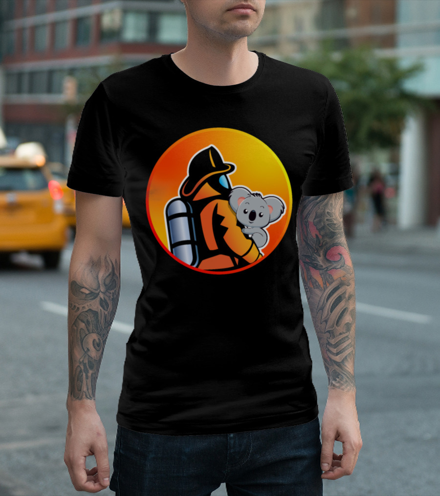 Firefighter Saving Koala in Orange and Yellow Circle T-Shirt