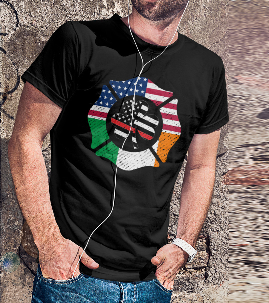 Firefighter St Patricks Day Irish American Flag Shamrock Badge T-Shirt