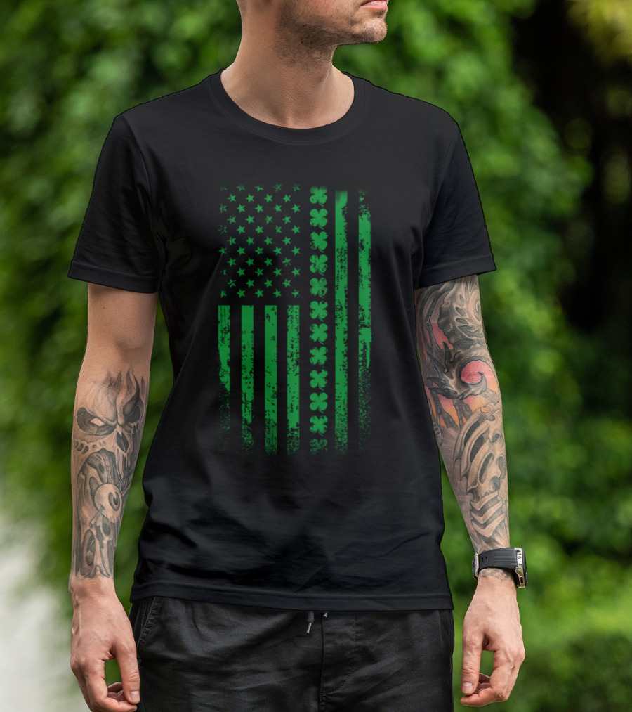 Irish American Flag With Green Shamrock Stripes T-Shirt