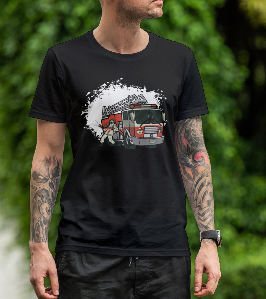 Firefighter Hero With Red Fire Truck T-Shirt