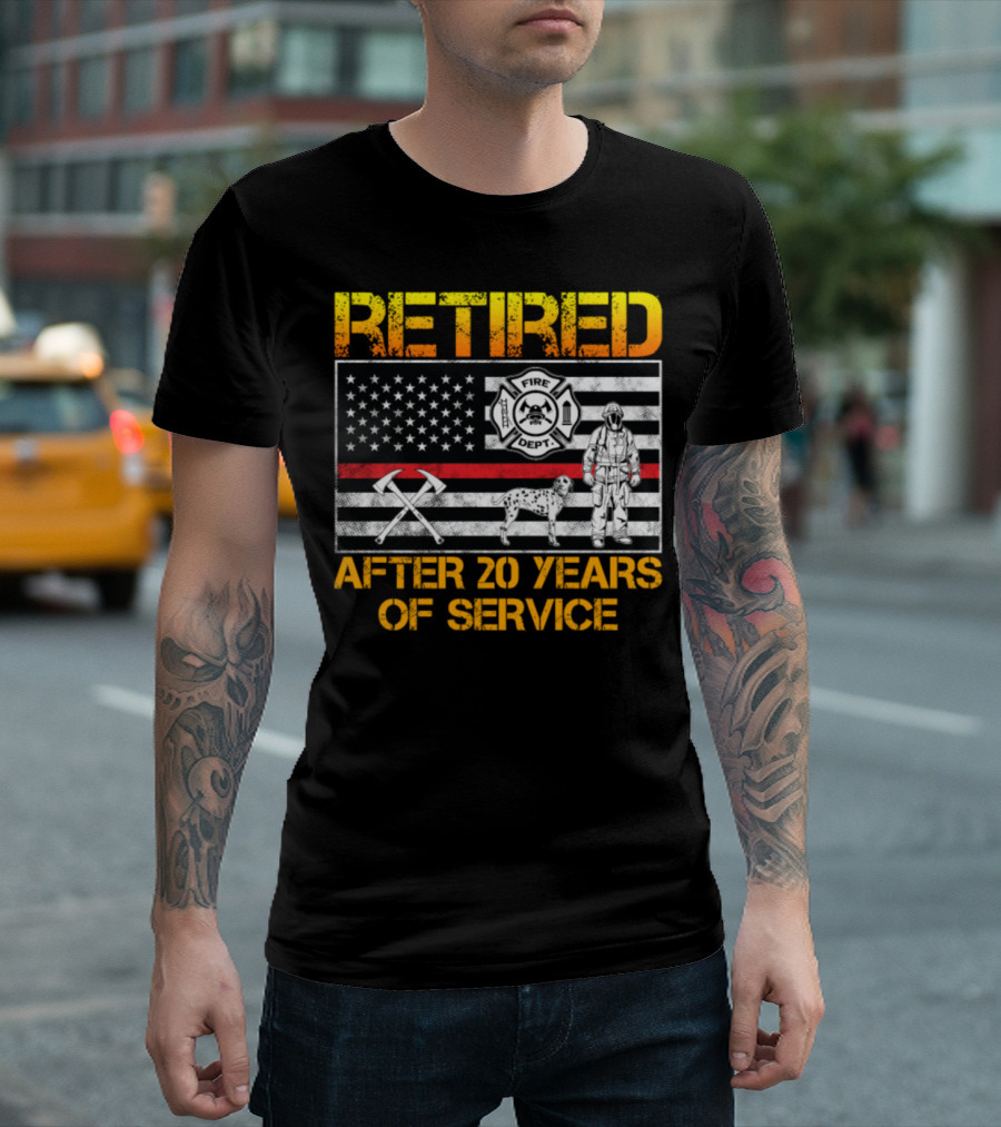 Retired Firefighter After 20 Years Of Service With Fire Dept Maltese Cross And Firefighter Gear T-Shirt