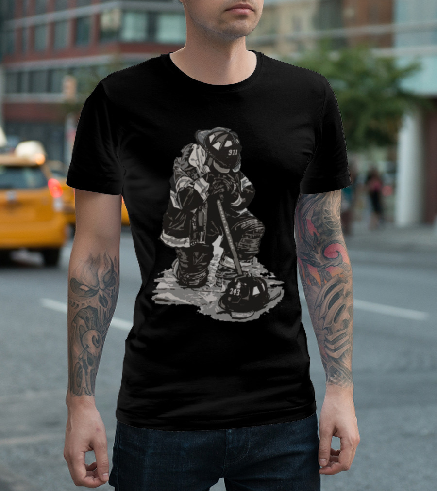 Kneeling Firefighter 911 Helmet 343 T-Shirt