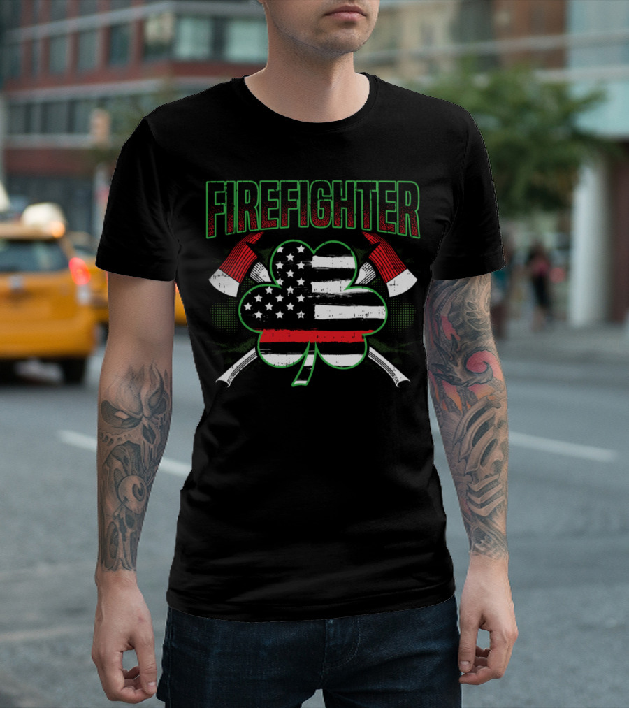Firefighter St. Patrick's Day Thin Red Line Shamrock American Flag Axes T-Shirt