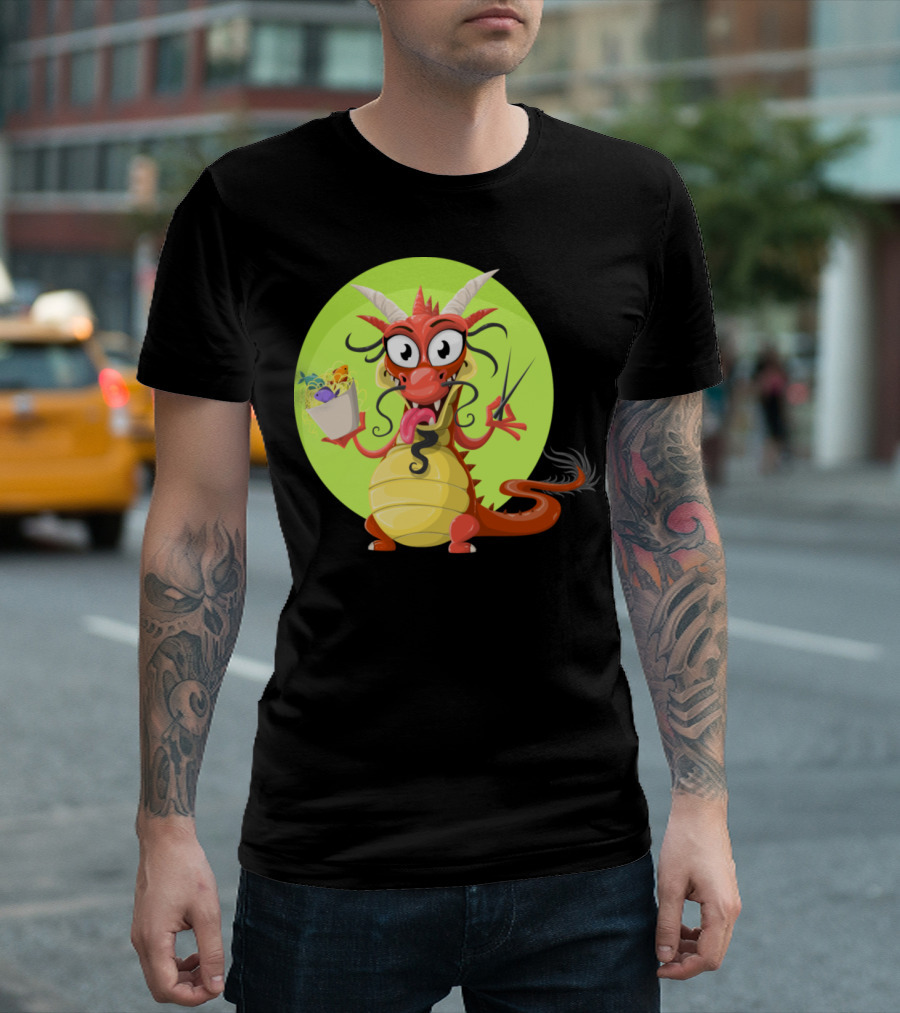 Dragon Drache Monster Noodles Cartoon Character With Noodles And Chopsticks T-Shirt