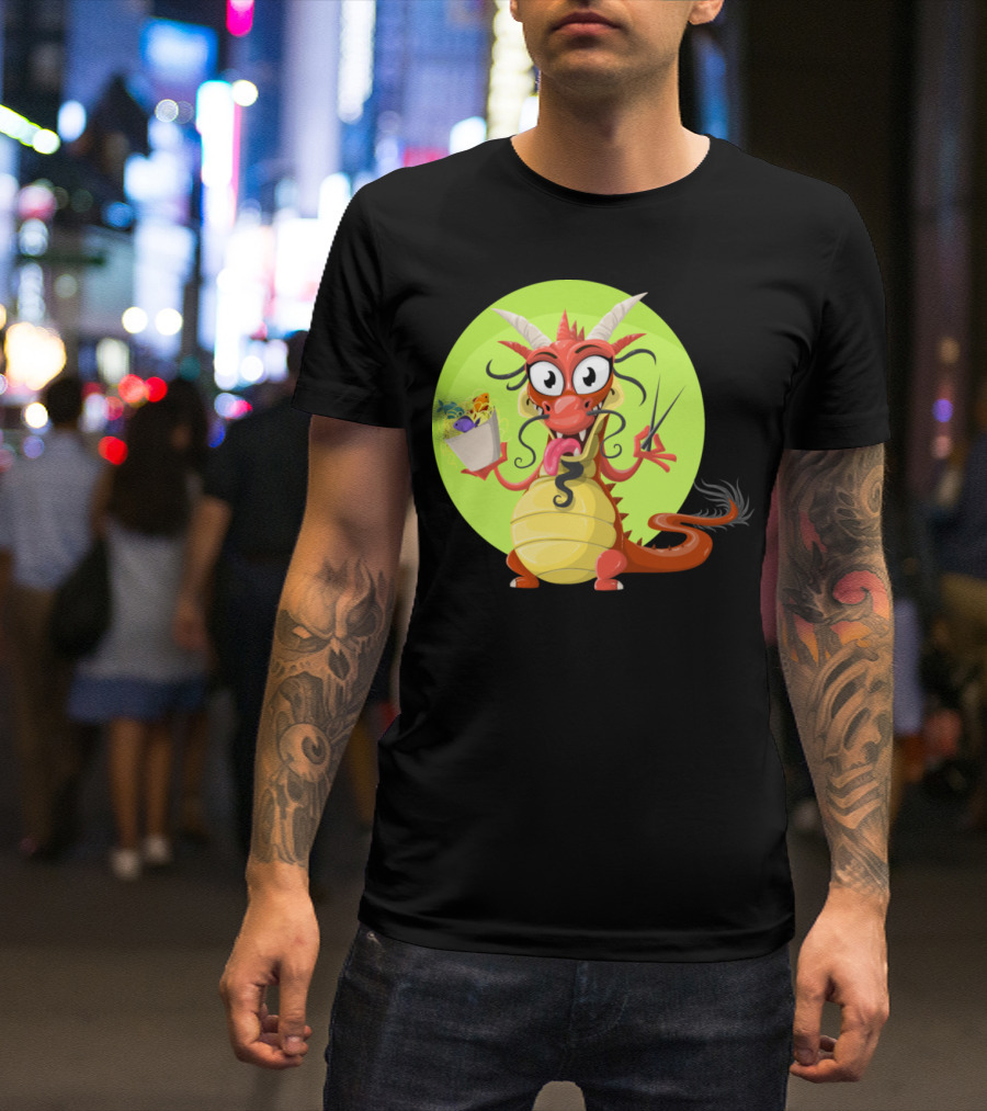 Dragon Drache Monster Noodles Cartoon Character With Noodles And Chopsticks T-Shirt