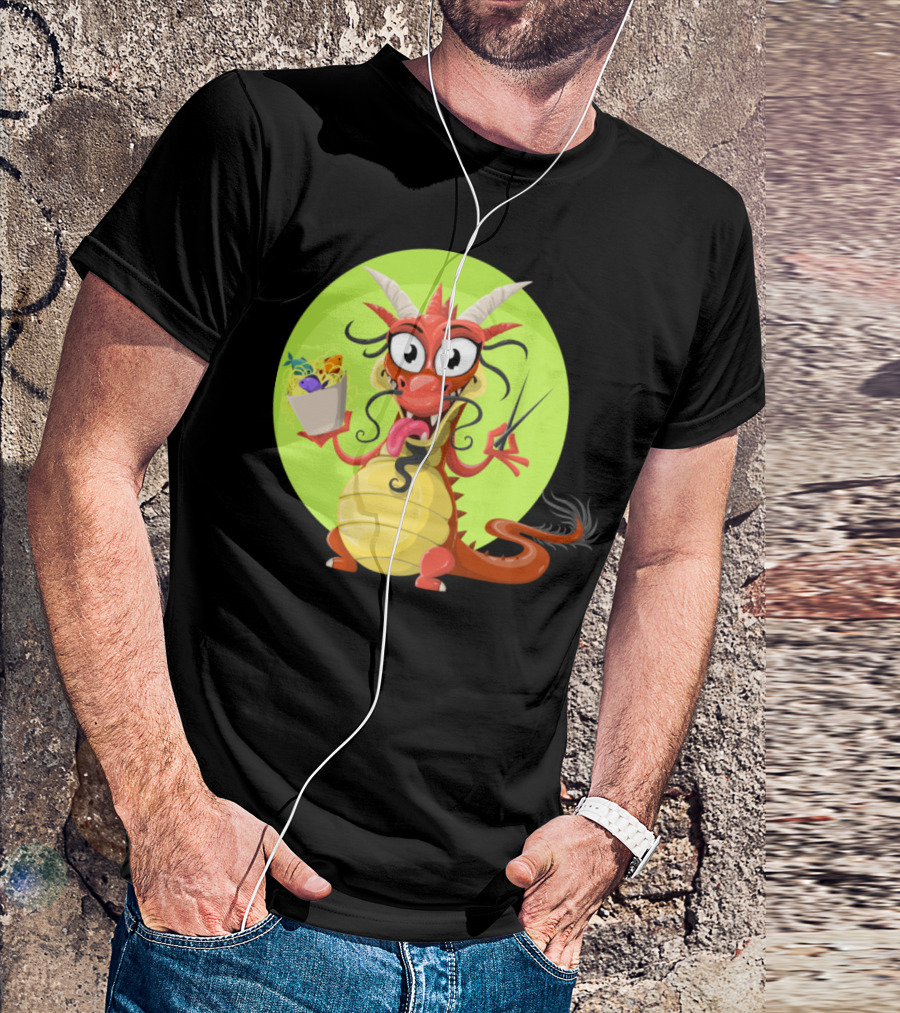 Dragon Drache Monster Noodles Cartoon Character With Noodles And Chopsticks T-Shirt