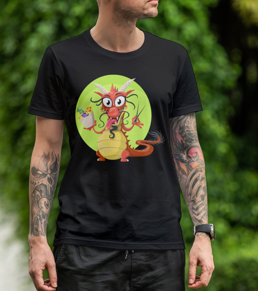 Dragon Drache Monster Noodles Cartoon Character With Noodles And Chopsticks T-Shirt