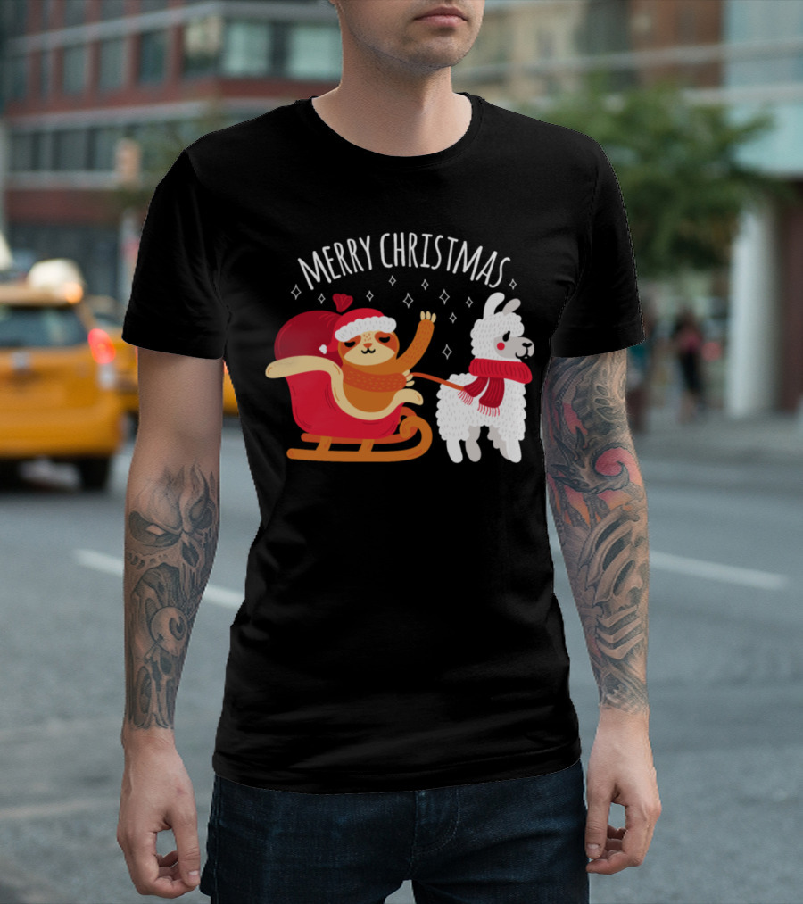 Merry Christmas Reindeer Sloth Llama Santa Sleigh T-Shirt
