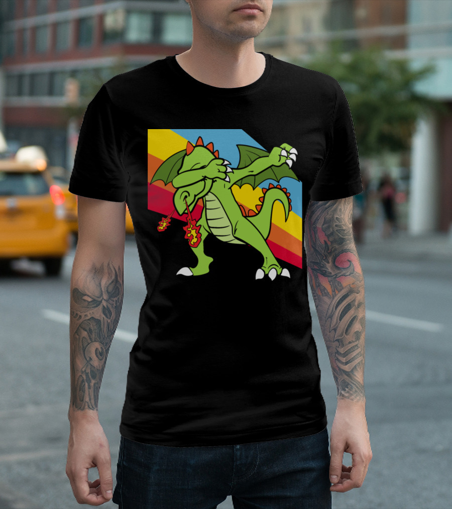 Retro Vintage Dabbing Dab Dragon With Rainbow Stripes Pop T-Shirt