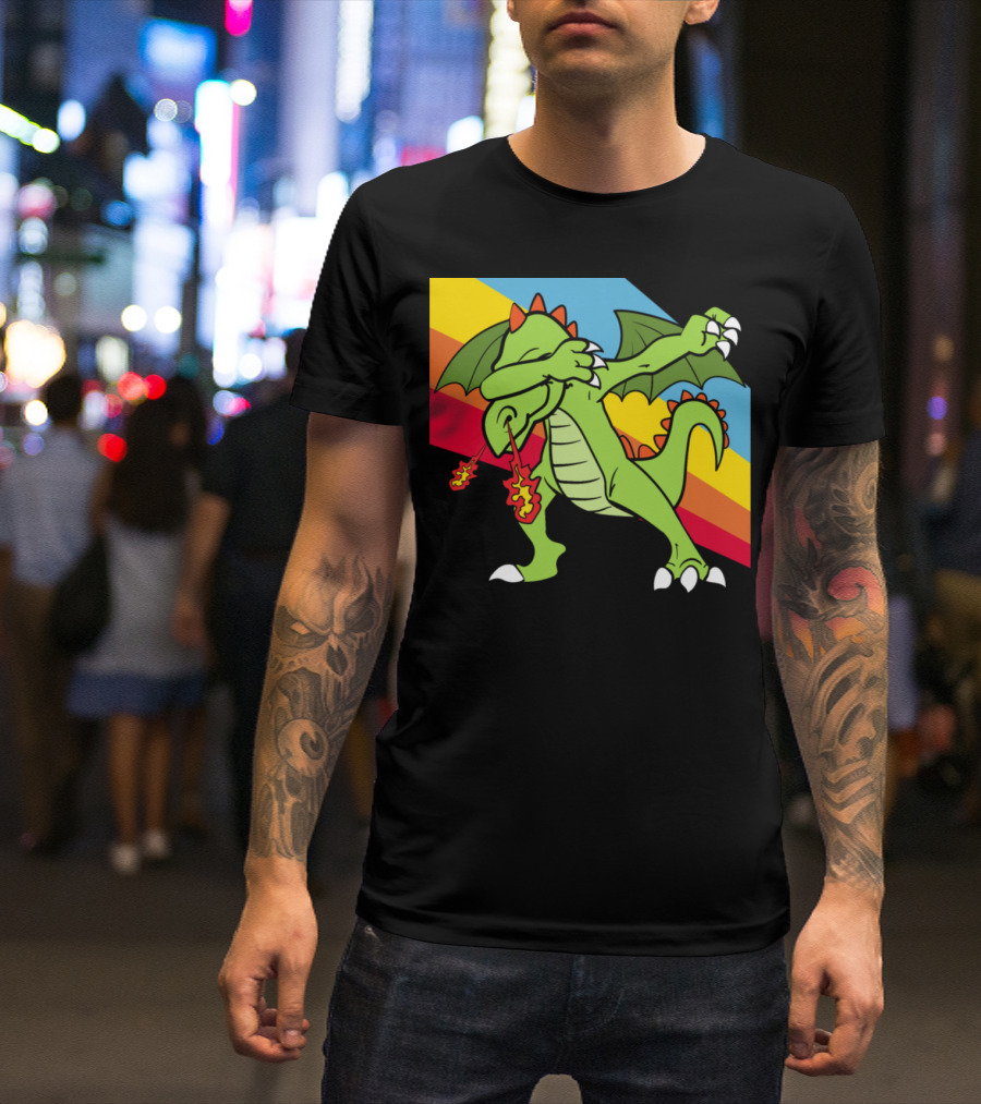 Retro Vintage Dabbing Dab Dragon With Rainbow Stripes Pop T-Shirt