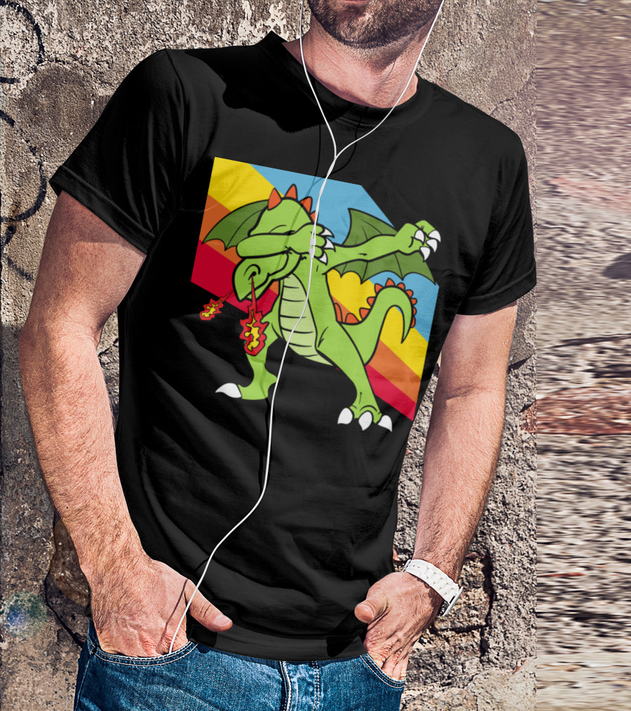 Retro Vintage Dabbing Dab Dragon With Rainbow Stripes Pop T-Shirt