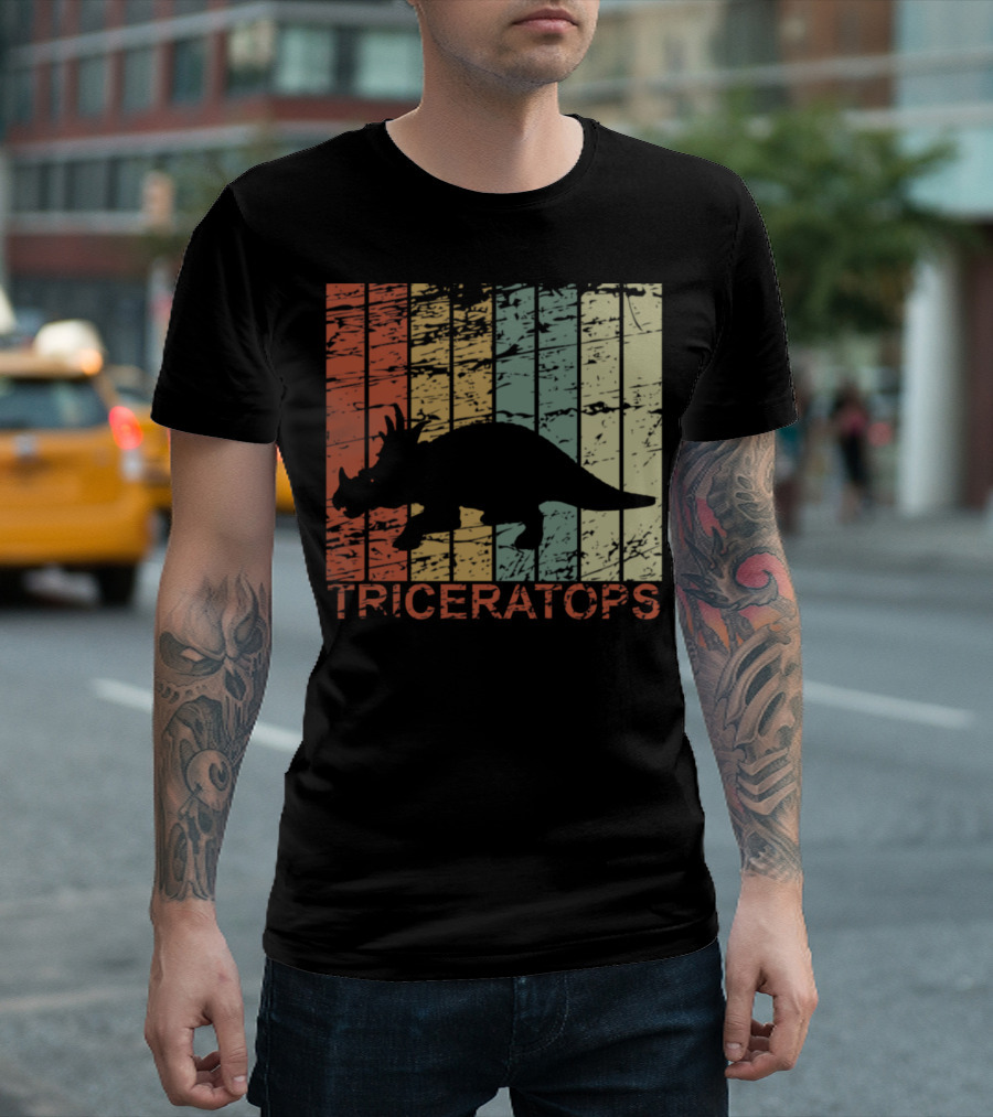 Triceratops Dinosaur Prehistoric Vintage Silhouette Stripes T-Shirt