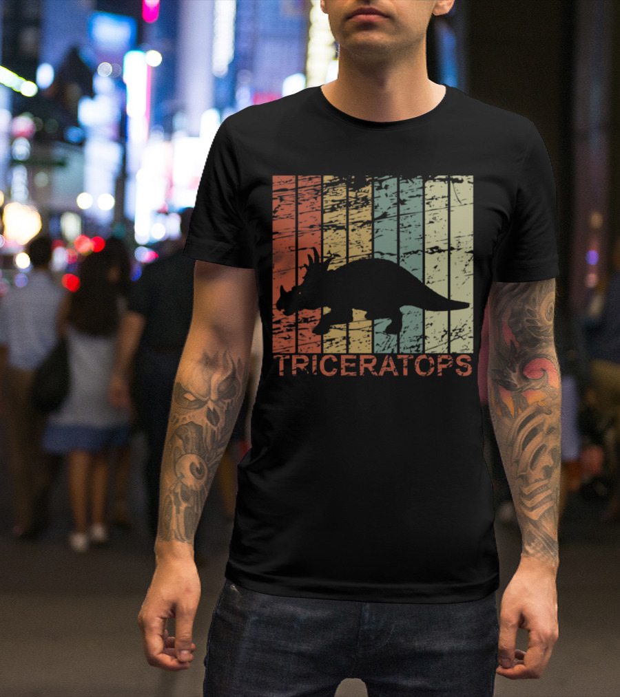 Triceratops Dinosaur Prehistoric Vintage Silhouette Stripes T-Shirt